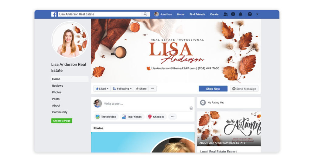 Facebook business page branded for an agent