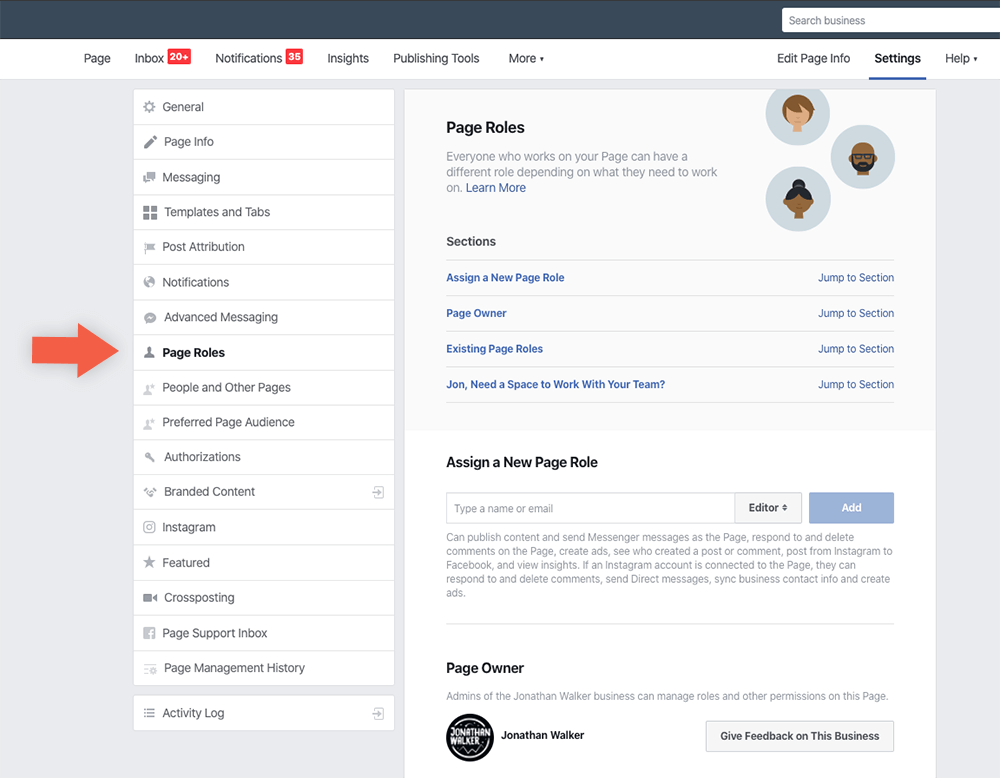 Facebook page roles screen