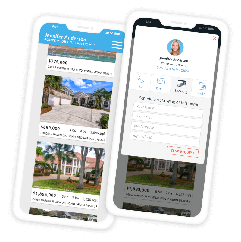 A picture of two phones. the first shows the listing cards with listing information. The other is the Call To Action that can be found on the listing detail page to call, email, schedule a showing, or request a CMA.