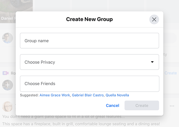 Facebook group dialogue box