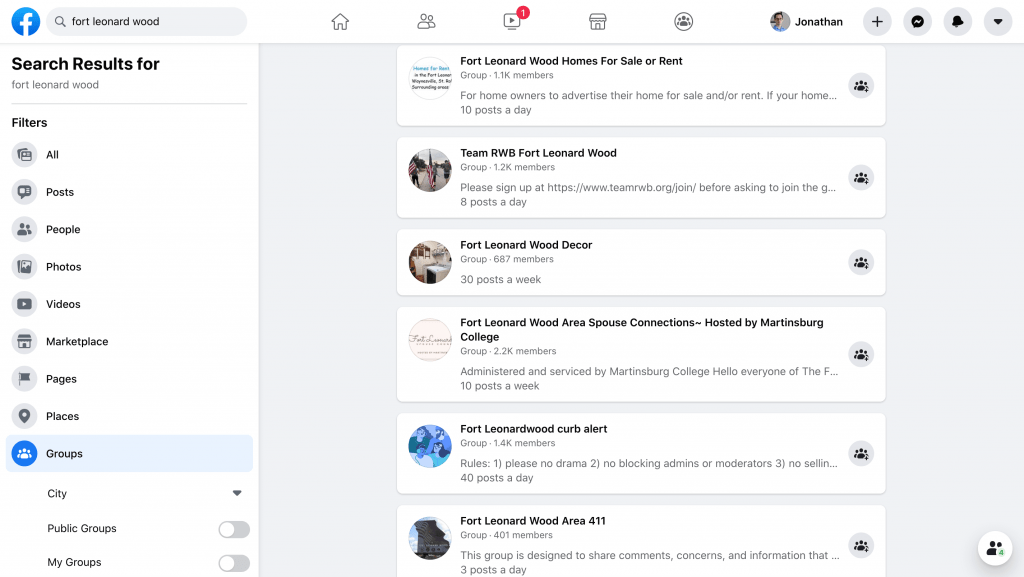 Facebook groups in appearing in search