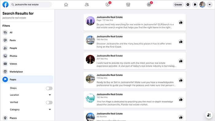 Facebook search results for Jacksonville Real Estate