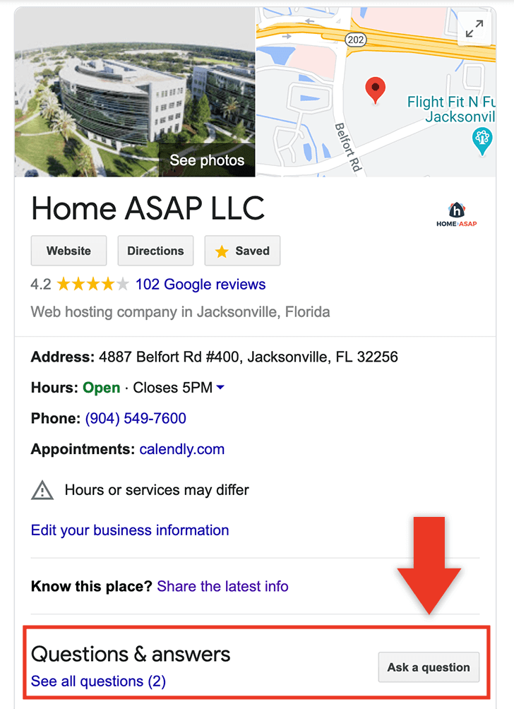 Question and answer section of a Google Business Listing