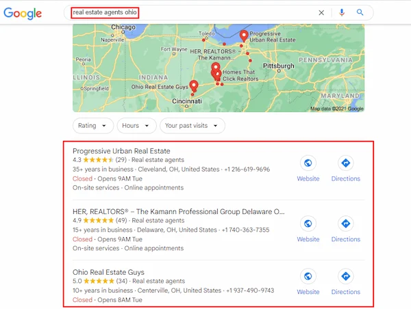 Google Search results for real estate agents ohio
