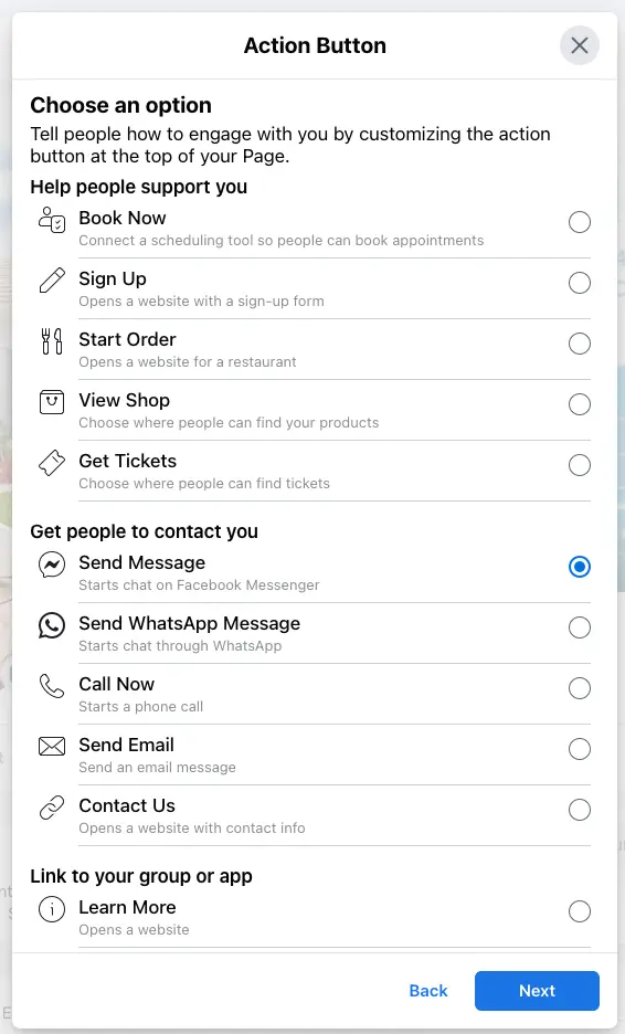 Call-to-action button settings for Facebook