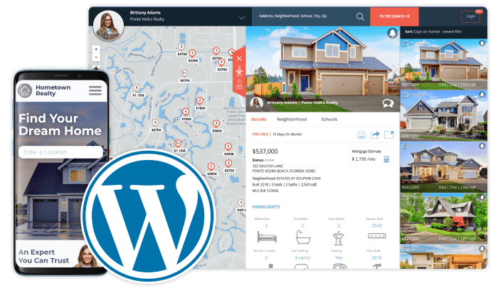 IDX Home Search plugin for WordPress shown on Mobile and Desktop.