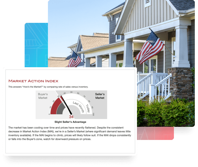 Motivate your on-the-fence leads. Share the Market Action Index from your HomeASAP Local Market Reports. American houses in quaint neighborhood.